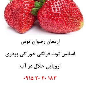 اسانس توت فرنگی اروپایی حلال در آب پودری، مناسب تولید پودر شربت، ژله، نوشیدنی‌های پودری، دسر، پاستیل، بستنی و سایر محصولات صنایع غذایی. بسته ۱ کیلوگرمی وارداتی اروپا